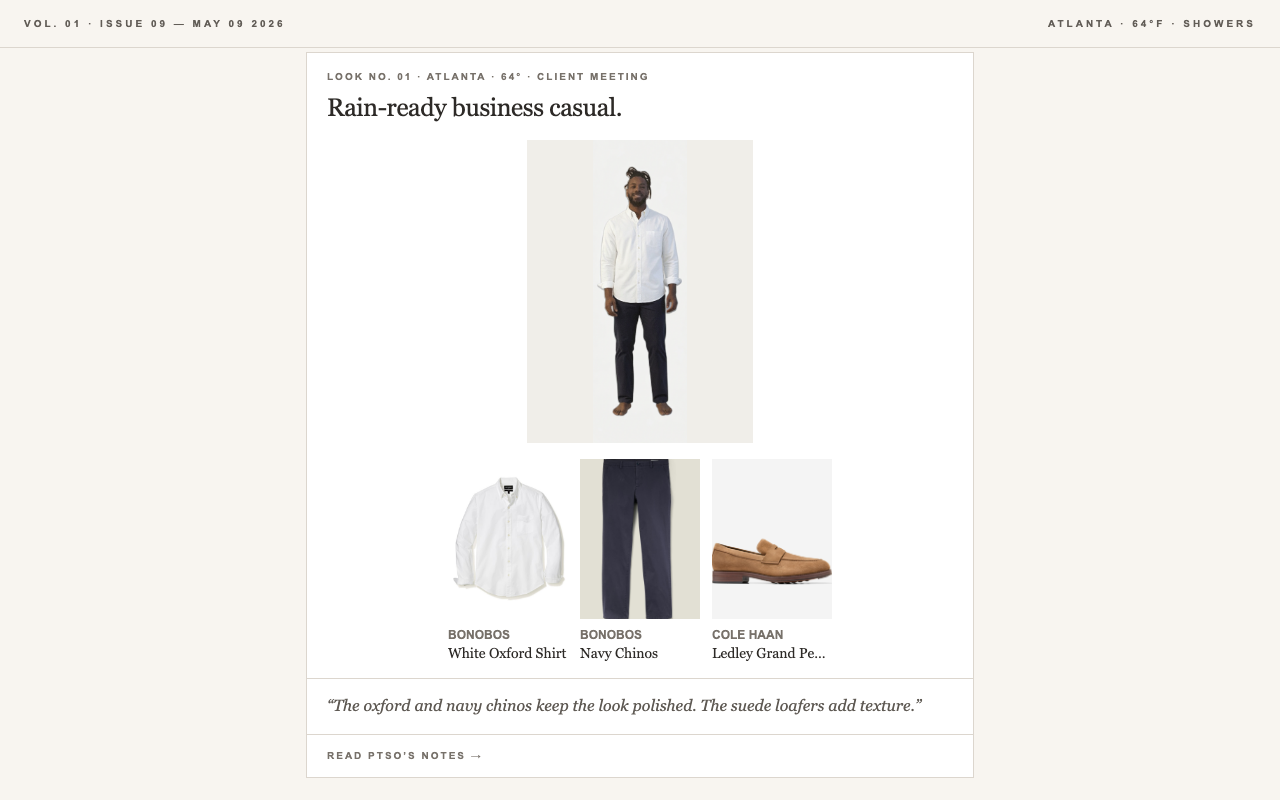 The PTSO interface shows William in a white Oxford shirt and navy chinos. The outfit also recommends suede loafers for a rainy Atlanta day.