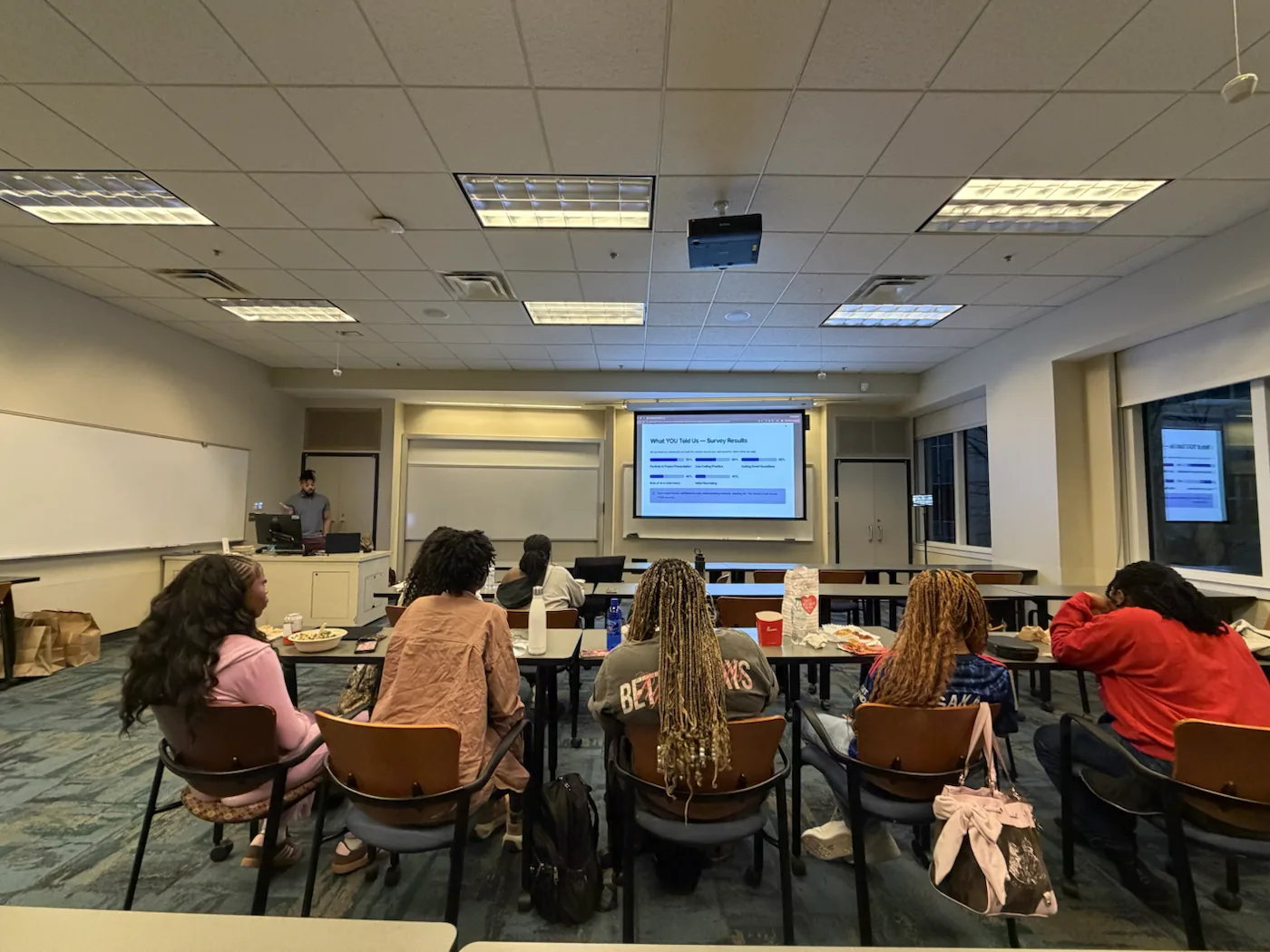 Sister Circle attendees viewing survey results during MJ Hill's technical interview seminar